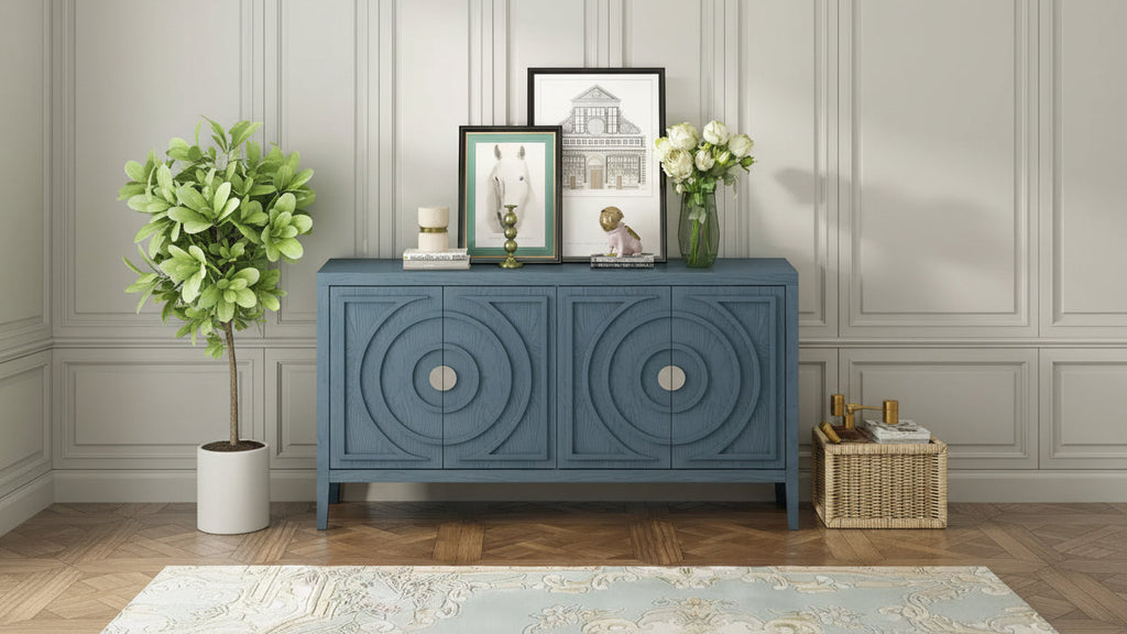 Whisen Retro Sideboard with Circular Groove Design Round Metal Door Handle for Living Room, Entryway, Dining Room