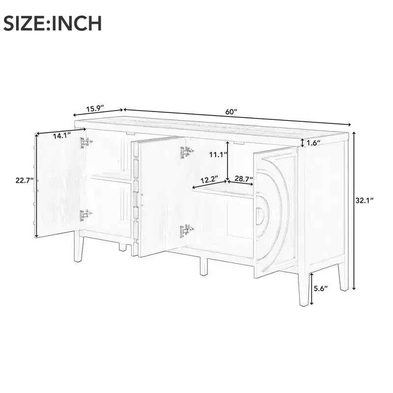 Credenza retrò con scanalature circolari e maniglie rotonde in metallo per soggiorno, ingresso, sala da pranzo