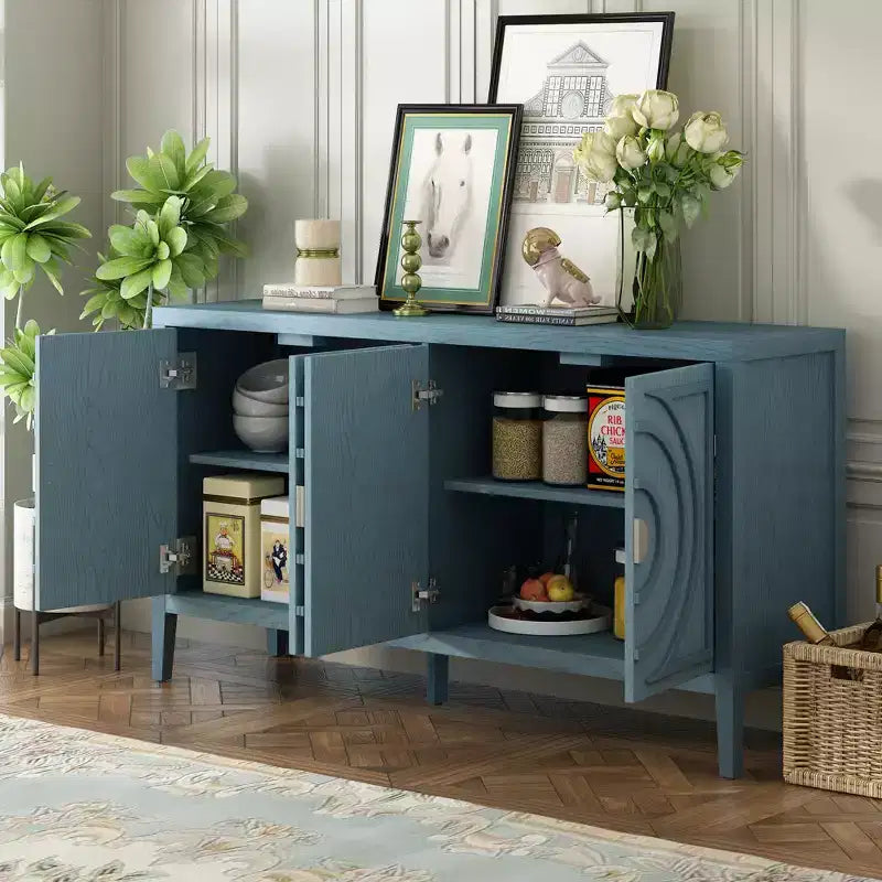 Credenza retrò con scanalature circolari e maniglie rotonde in metallo per soggiorno, ingresso, sala da pranzo