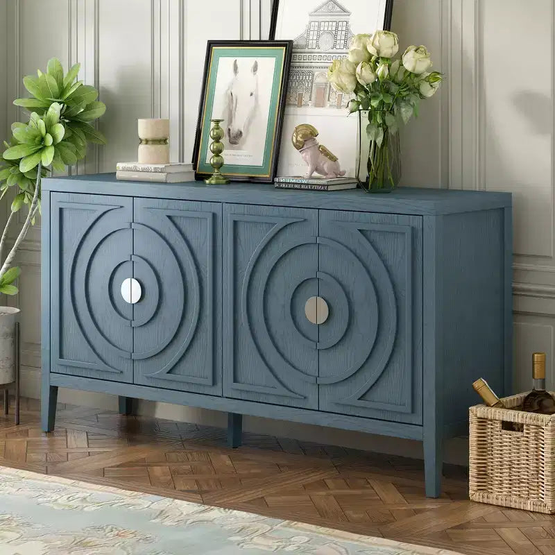 Credenza retrò con scanalature circolari e maniglie rotonde in metallo per soggiorno, ingresso, sala da pranzo