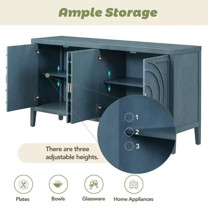 Credenza retrò con scanalature circolari e maniglie rotonde in metallo per soggiorno, ingresso, sala da pranzo