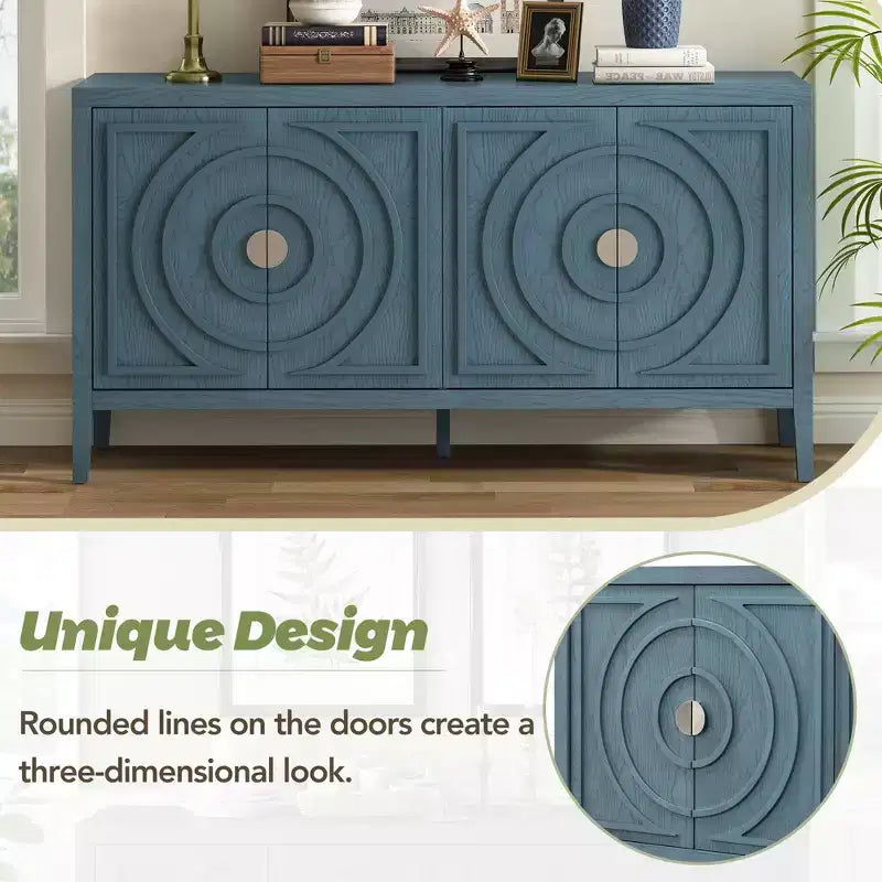 Credenza retrò con scanalature circolari e maniglie rotonde in metallo per soggiorno, ingresso, sala da pranzo