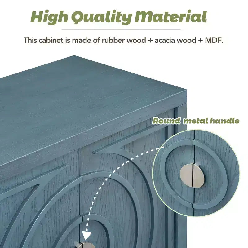 Credenza retrò con scanalature circolari e maniglie rotonde in metallo per soggiorno, ingresso, sala da pranzo