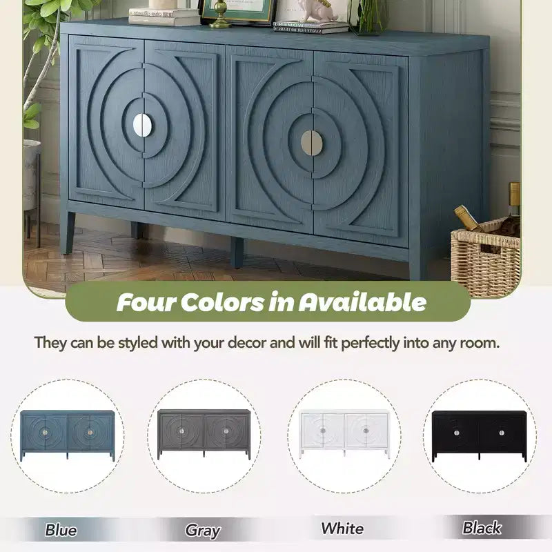 Credenza retrò con scanalature circolari e maniglie rotonde in metallo per soggiorno, ingresso, sala da pranzo