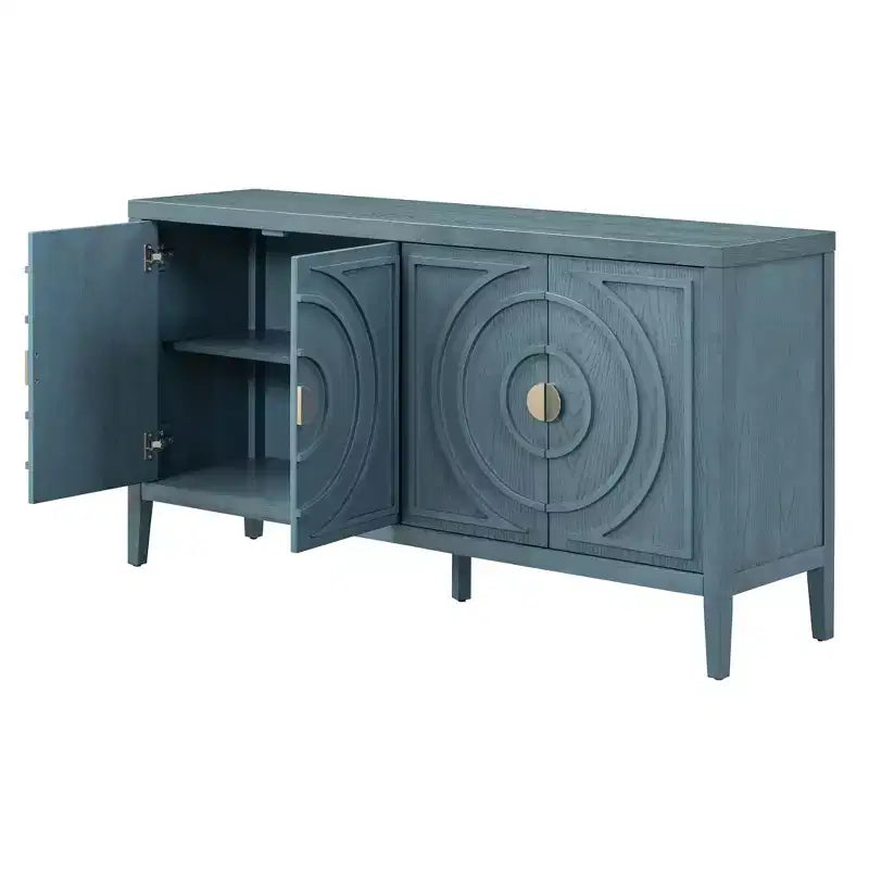 Credenza retrò con scanalature circolari e maniglie rotonde in metallo per soggiorno, ingresso, sala da pranzo