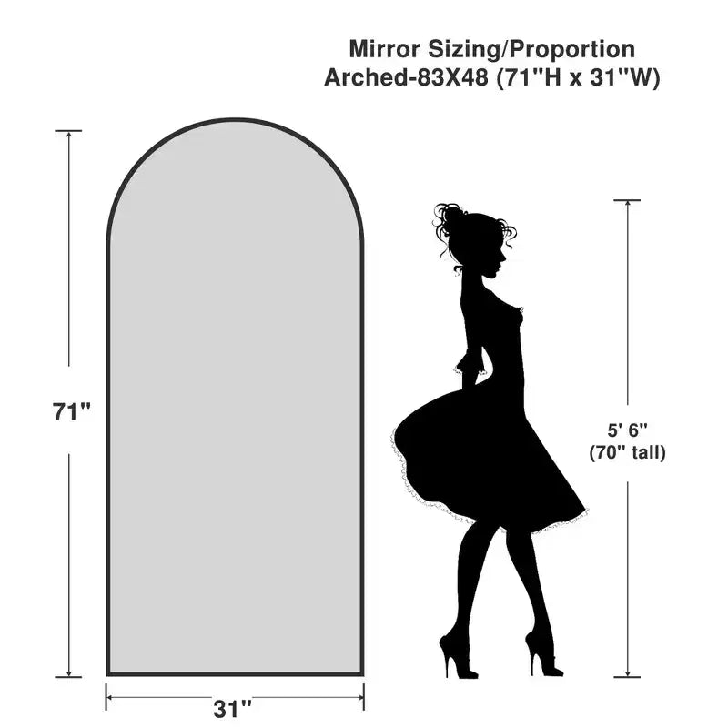 Specchio da pavimento a figura intera 71x31 Grande con arco superiore, specchio da bagno incorniciato per soggiorno, nero