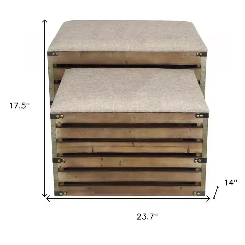 Set di due panche portaoggetti con doghe in legno marrone e rivestimento, con piano ribaltabile