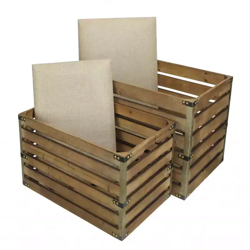 Set di due panche portaoggetti con doghe in legno marrone e rivestimento, con piano ribaltabile