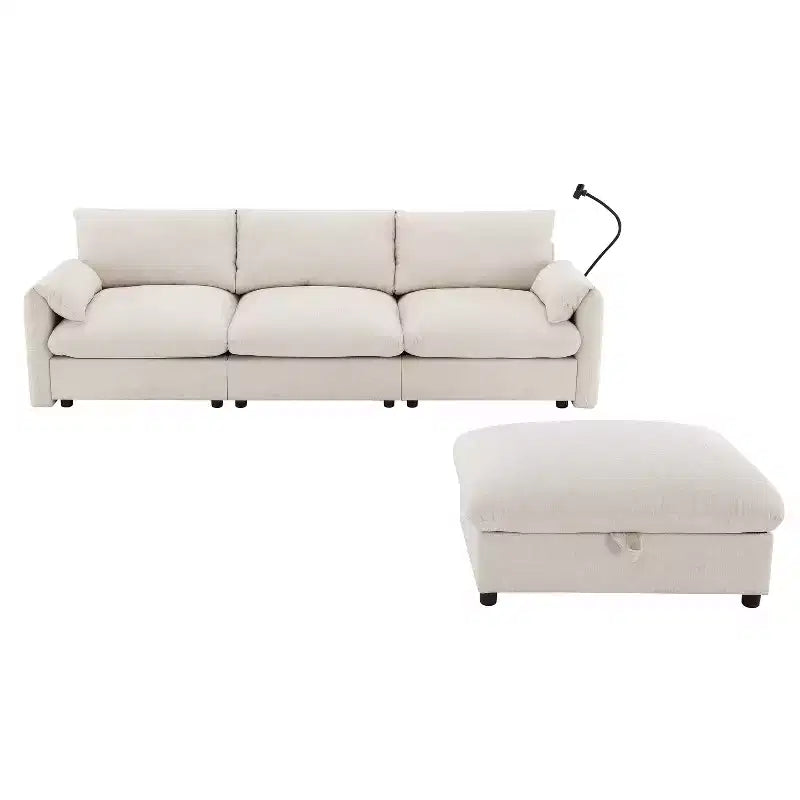 Divano sezionale in ciniglia oversize con pouf contenitore e tasche, porta telefono regolabile e porte di ricarica