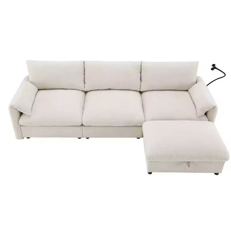 Divano sezionale in ciniglia oversize con pouf contenitore e tasche, porta telefono regolabile e porte di ricarica
