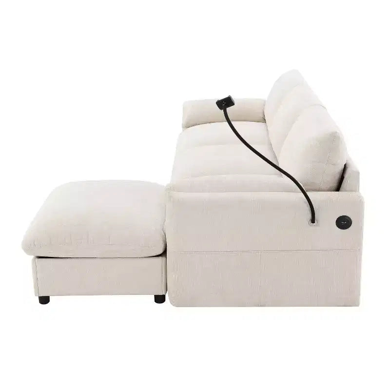 Divano sezionale in ciniglia oversize con pouf contenitore e tasche, porta telefono regolabile e porte di ricarica
