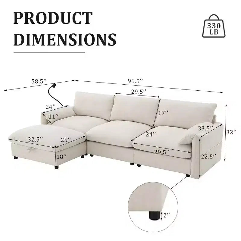 Divano sezionale in ciniglia oversize con pouf contenitore e tasche, porta telefono regolabile e porte di ricarica