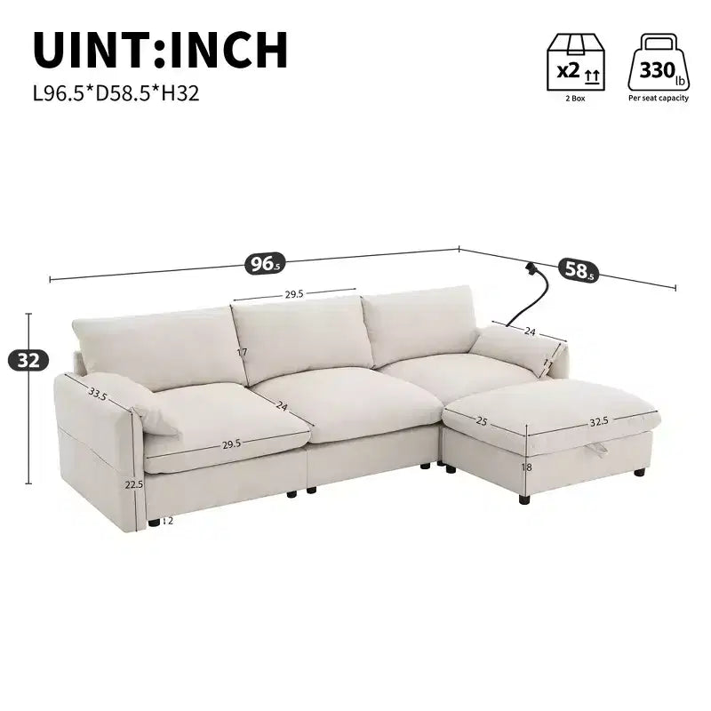 Divano sezionale in ciniglia oversize con pouf contenitore e tasche, porta telefono regolabile e porte di ricarica