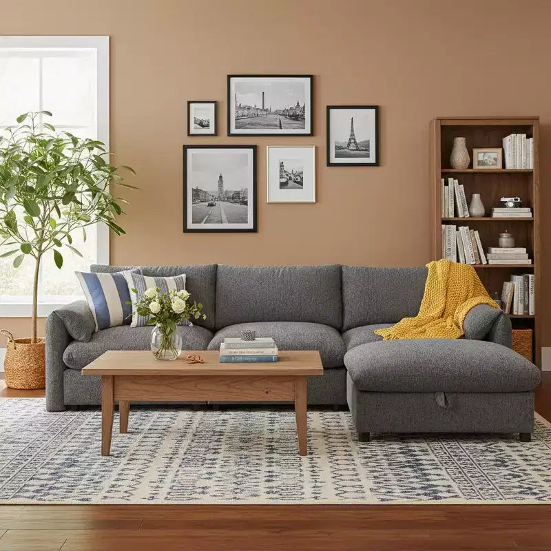 Divano sezionale in ciniglia oversize con pouf contenitore e tasche, porta telefono regolabile e porte di ricarica
