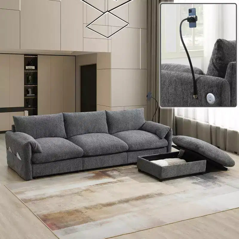 Divano sezionale in ciniglia oversize con pouf contenitore e tasche, porta telefono regolabile e porte di ricarica