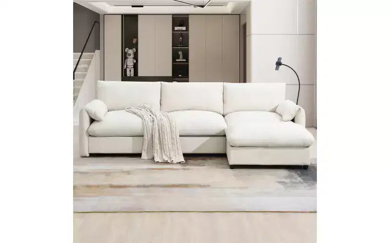 Divano sezionale in ciniglia oversize con pouf contenitore e tasche, porta telefono regolabile e porte di ricarica