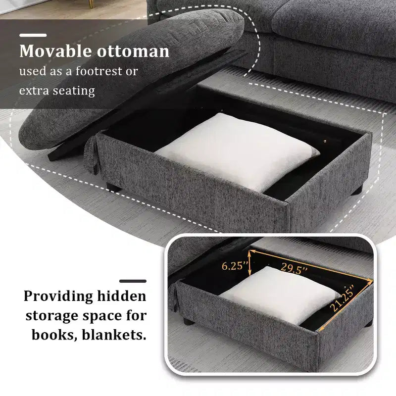 Divano sezionale in ciniglia oversize con pouf contenitore e tasche, porta telefono regolabile e porte di ricarica