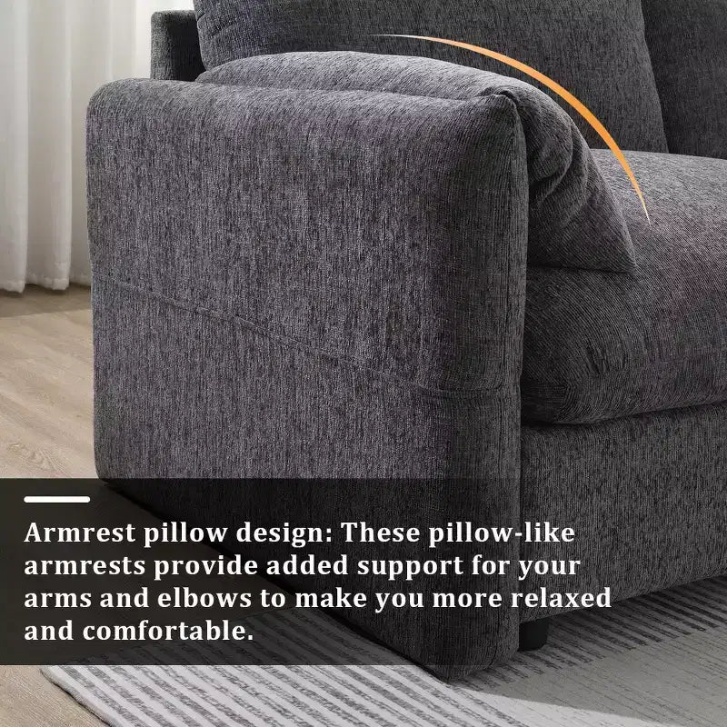 Divano sezionale in ciniglia oversize con pouf contenitore e tasche, porta telefono regolabile e porte di ricarica