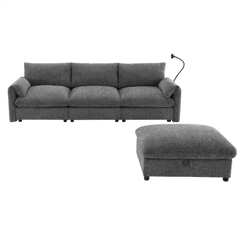 Divano sezionale in ciniglia oversize con pouf contenitore e tasche, porta telefono regolabile e porte di ricarica