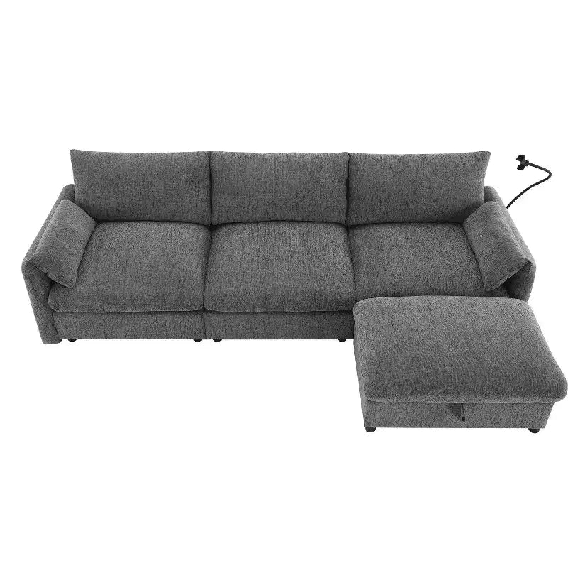 Divano sezionale in ciniglia oversize con pouf contenitore e tasche, porta telefono regolabile e porte di ricarica