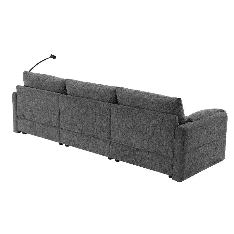 Divano sezionale in ciniglia oversize con pouf contenitore e tasche, porta telefono regolabile e porte di ricarica