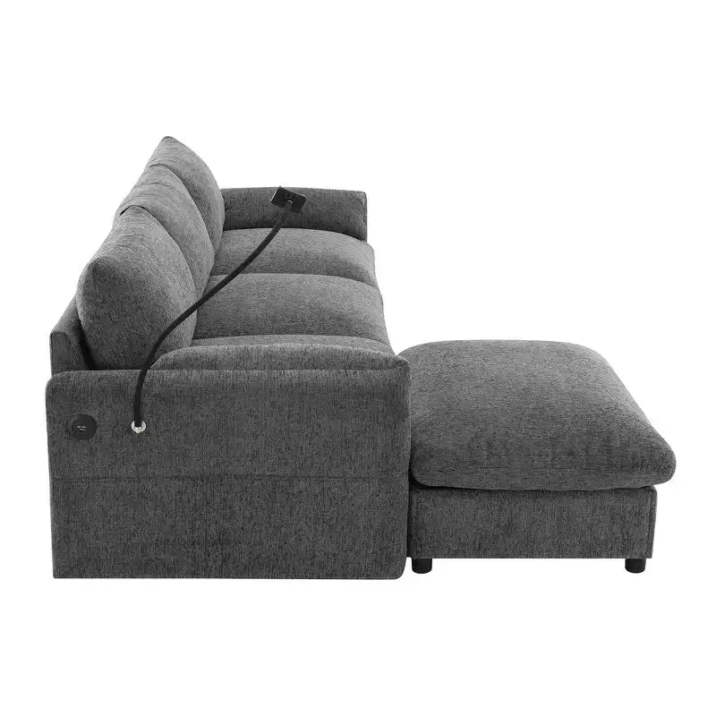 Divano sezionale in ciniglia oversize con pouf contenitore e tasche, porta telefono regolabile e porte di ricarica