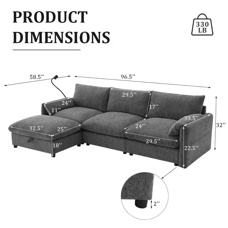 Divano sezionale in ciniglia oversize con pouf contenitore e tasche, porta telefono regolabile e porte di ricarica