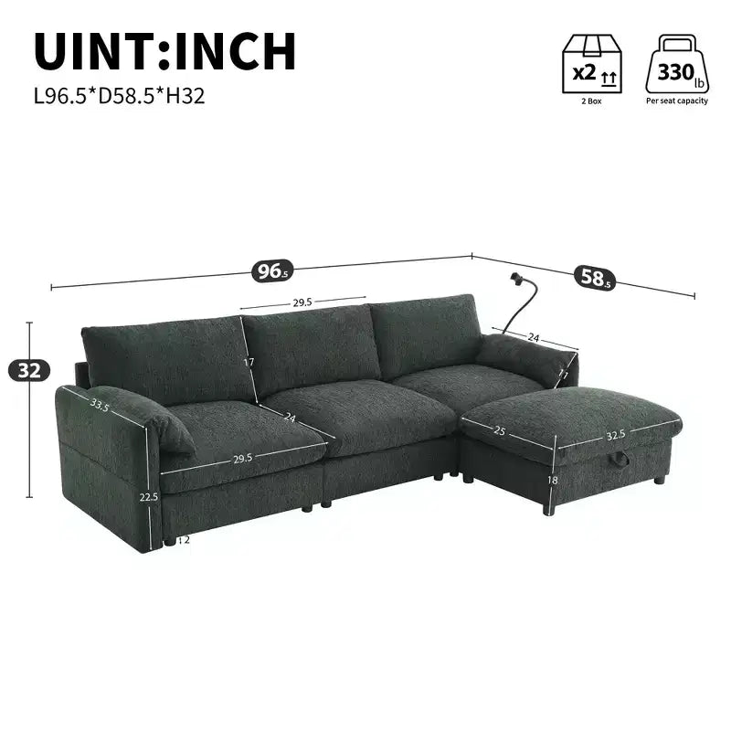 Divano sezionale in ciniglia oversize con pouf contenitore e tasche, porta telefono regolabile e porte di ricarica