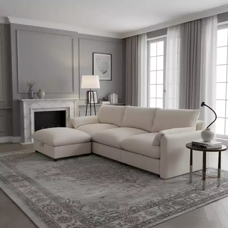 Divano sezionale in ciniglia oversize con pouf contenitore e tasche, porta telefono regolabile e porte di ricarica