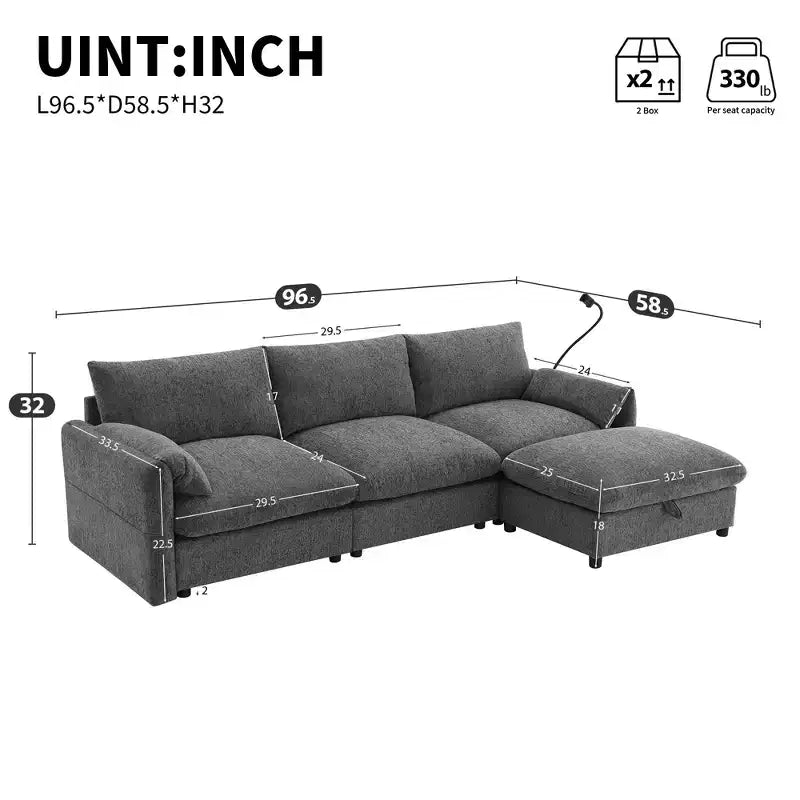 Divano sezionale in ciniglia oversize con pouf contenitore e tasche, porta telefono regolabile e porte di ricarica