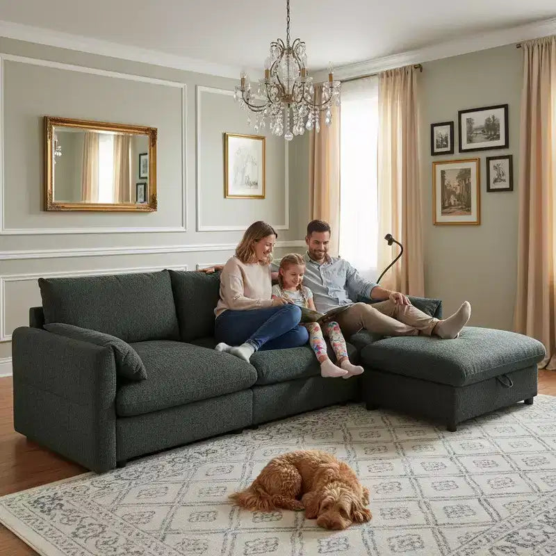 Divano sezionale in ciniglia oversize con pouf contenitore e tasche, porta telefono regolabile e porte di ricarica