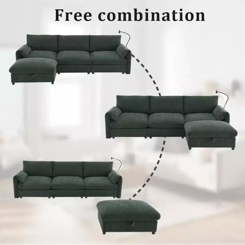 Divano sezionale in ciniglia oversize con pouf contenitore e tasche, porta telefono regolabile e porte di ricarica