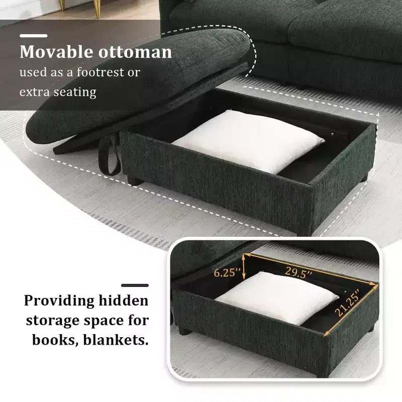 Divano sezionale in ciniglia oversize con pouf contenitore e tasche, porta telefono regolabile e porte di ricarica