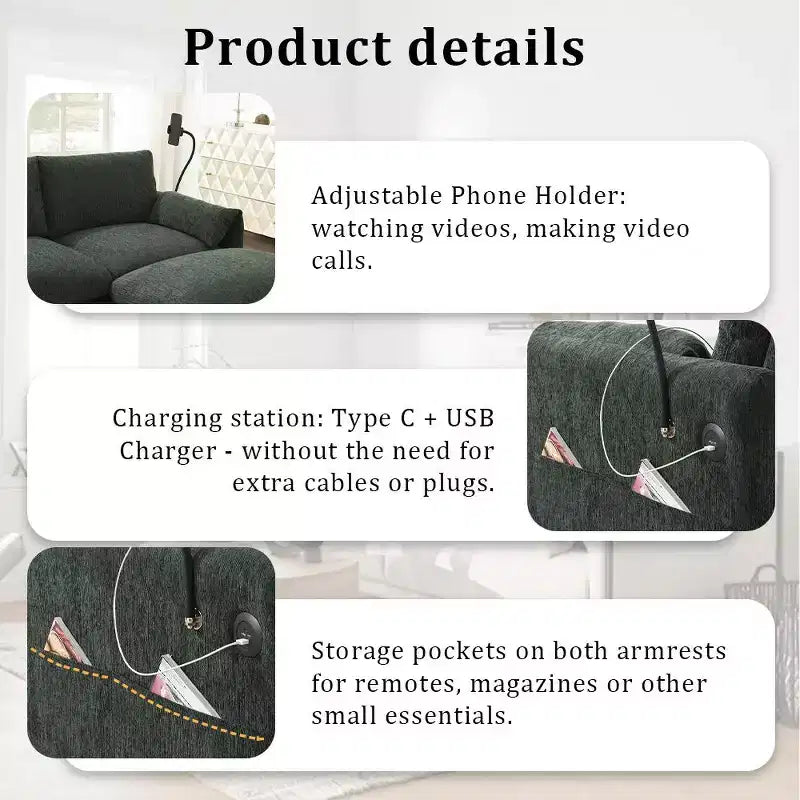 Divano sezionale in ciniglia oversize con pouf contenitore e tasche, porta telefono regolabile e porte di ricarica