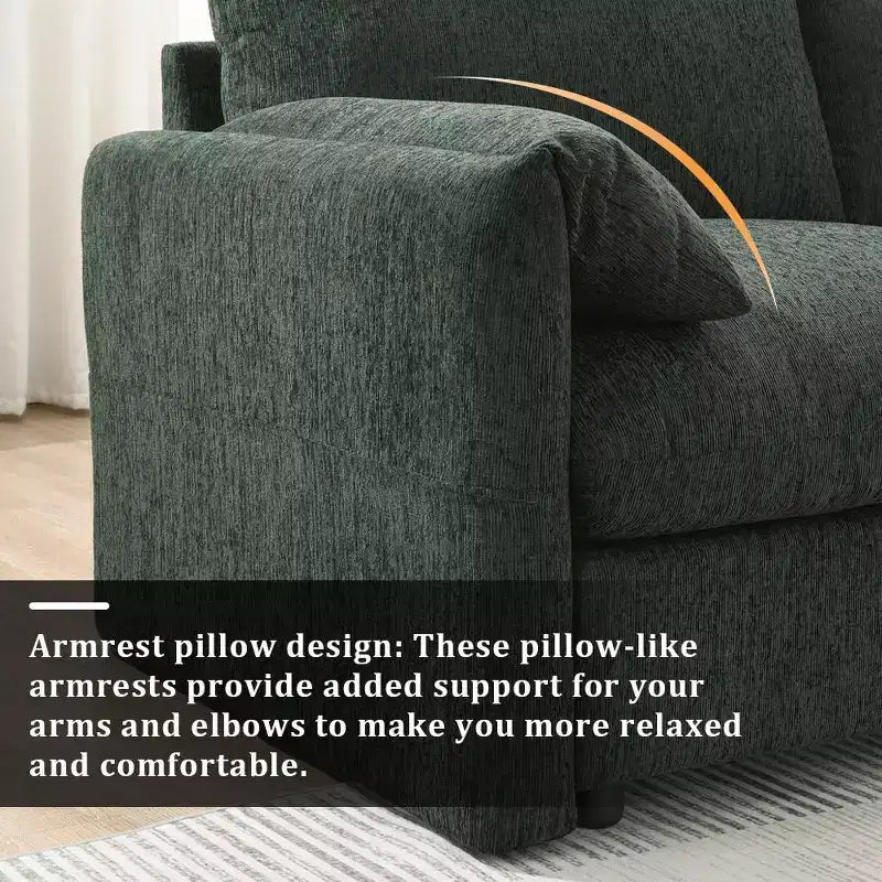 Divano sezionale in ciniglia oversize con pouf contenitore e tasche, porta telefono regolabile e porte di ricarica