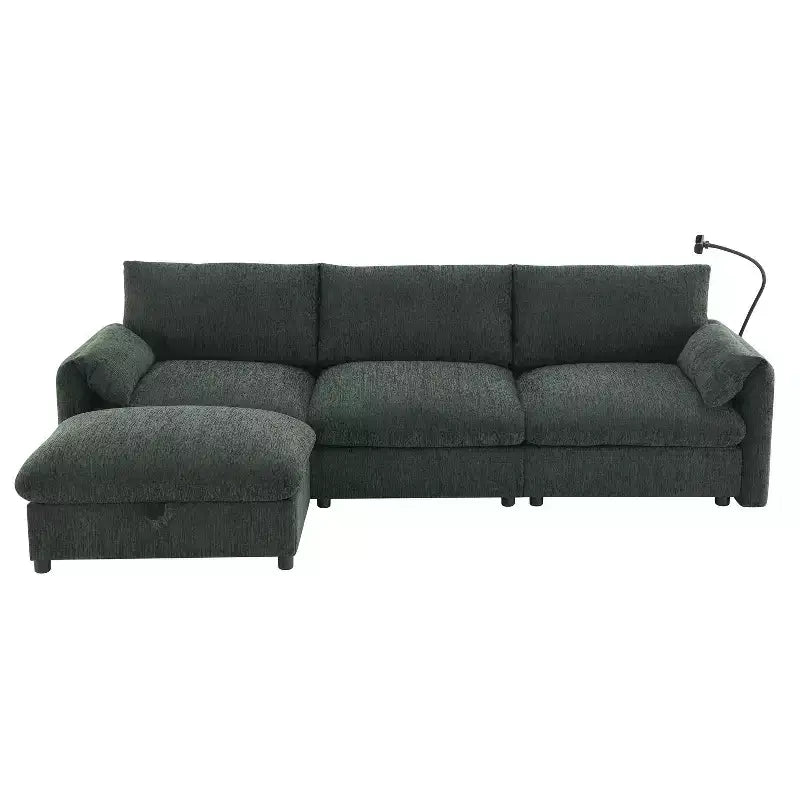 Divano sezionale in ciniglia oversize con pouf contenitore e tasche, porta telefono regolabile e porte di ricarica