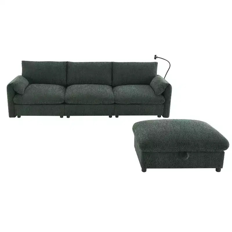 Divano sezionale in ciniglia oversize con pouf contenitore e tasche, porta telefono regolabile e porte di ricarica