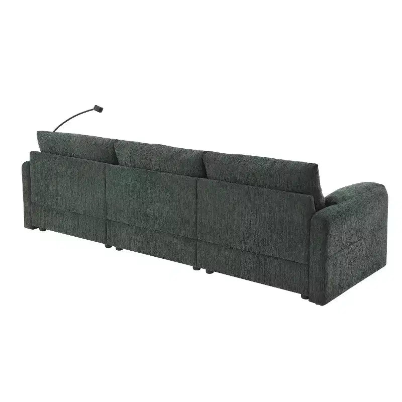Divano sezionale in ciniglia oversize con pouf contenitore e tasche, porta telefono regolabile e porte di ricarica