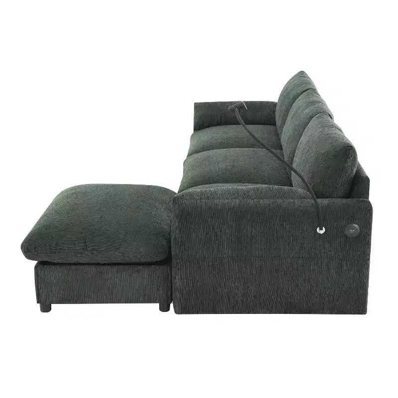 Divano sezionale in ciniglia oversize con pouf contenitore e tasche, porta telefono regolabile e porte di ricarica