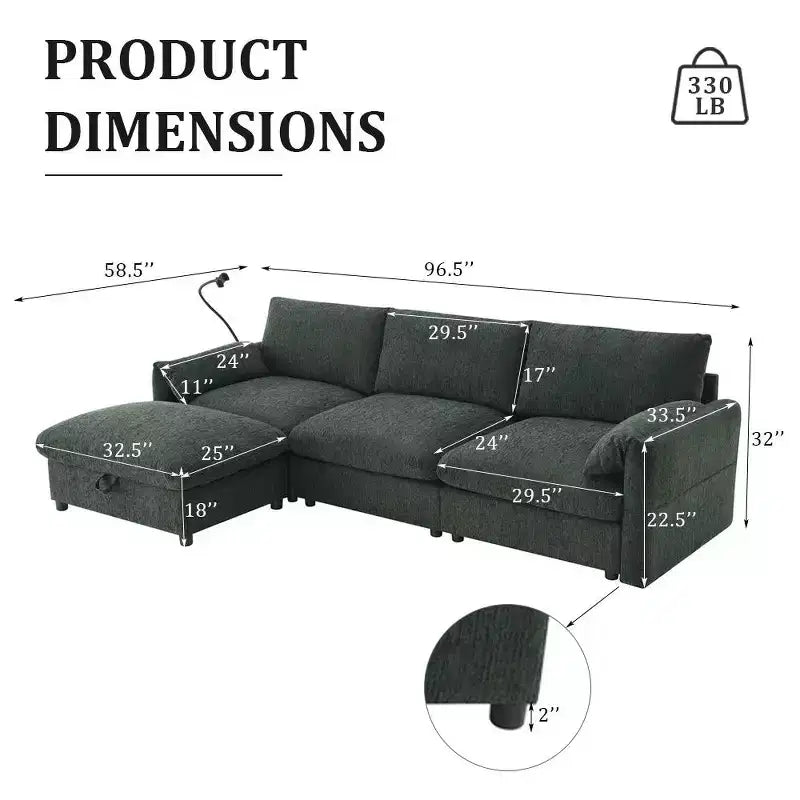 Divano sezionale in ciniglia oversize con pouf contenitore e tasche, porta telefono regolabile e porte di ricarica