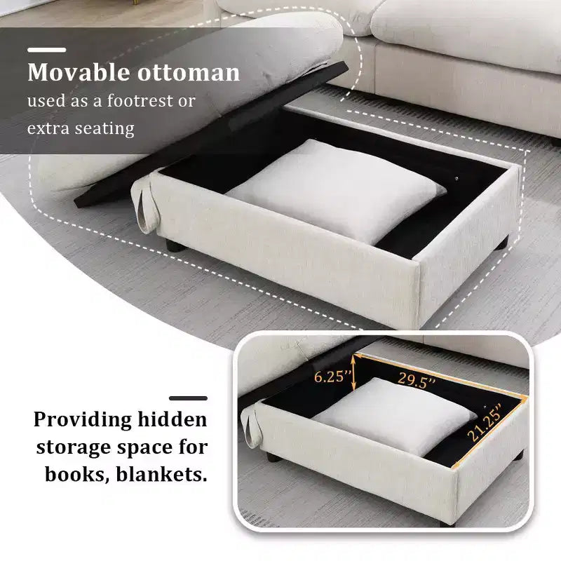 Divano sezionale in ciniglia oversize con pouf contenitore e tasche, porta telefono regolabile e porte di ricarica