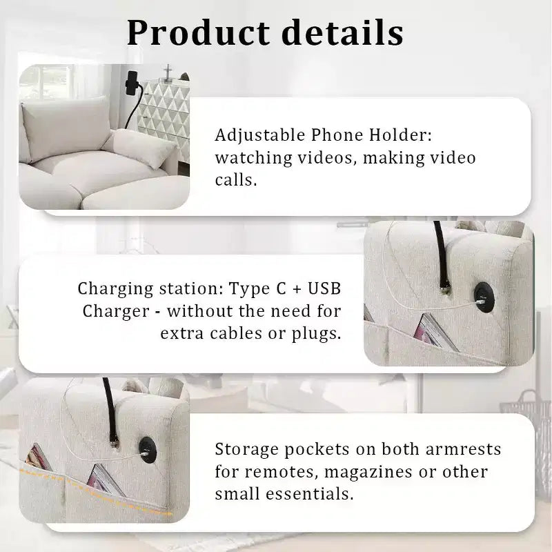 Divano sezionale in ciniglia oversize con pouf contenitore e tasche, porta telefono regolabile e porte di ricarica