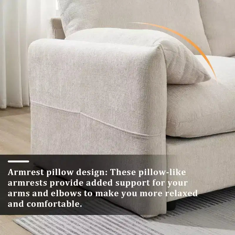 Divano sezionale in ciniglia oversize con pouf contenitore e tasche, porta telefono regolabile e porte di ricarica