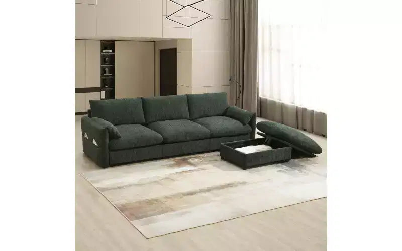 Divano sezionale in ciniglia oversize con pouf contenitore e tasche, porta telefono regolabile e porte di ricarica