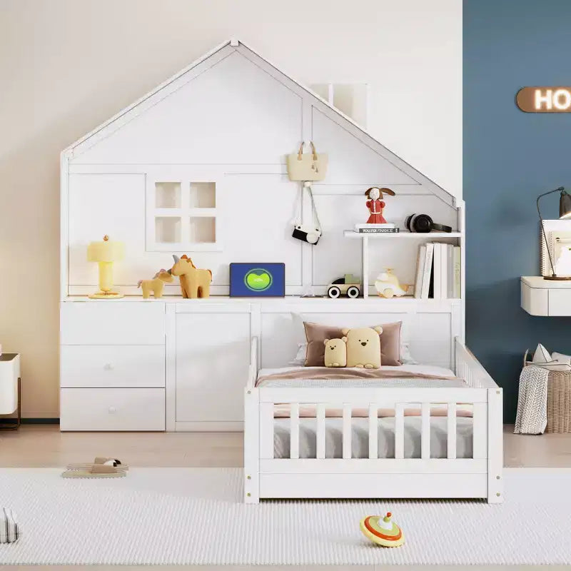Letto a capanna singolo/una piazza e mezza con piattaforma e finestra, struttura letto con cassetti comodino, mensole, prese elettriche e porta USB, Bianco-ModernLuxe