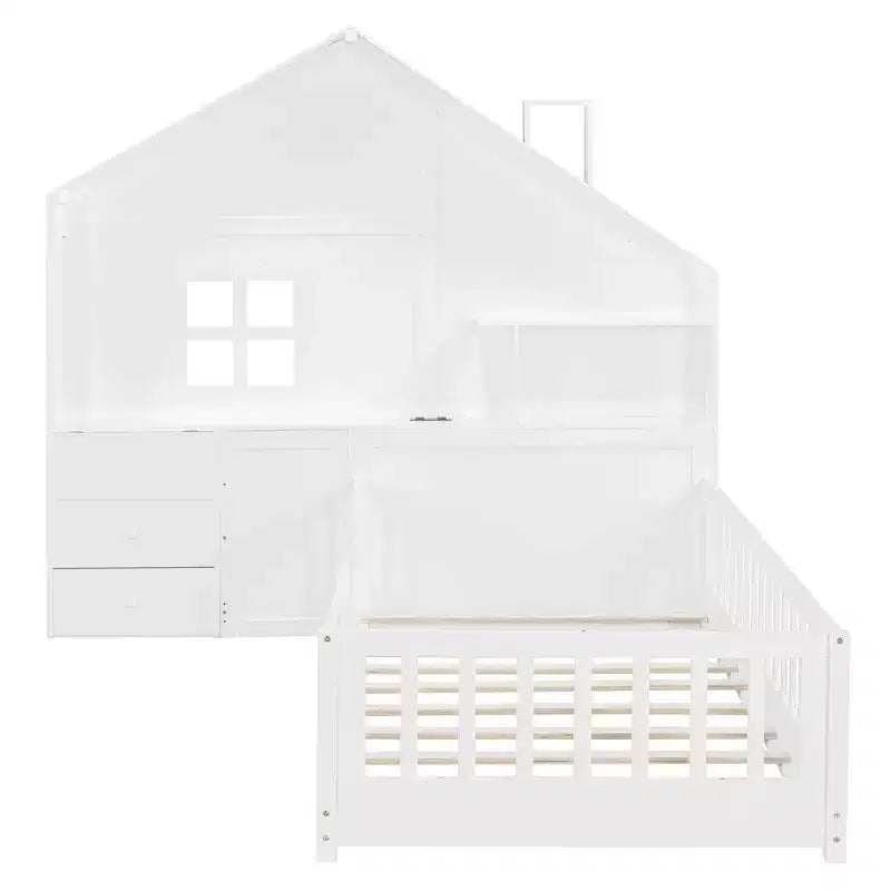 Letto a capanna singolo/una piazza e mezza con piattaforma e finestra, struttura letto con cassetti comodino, mensole, prese elettriche e porta USB, Bianco-ModernLuxe
