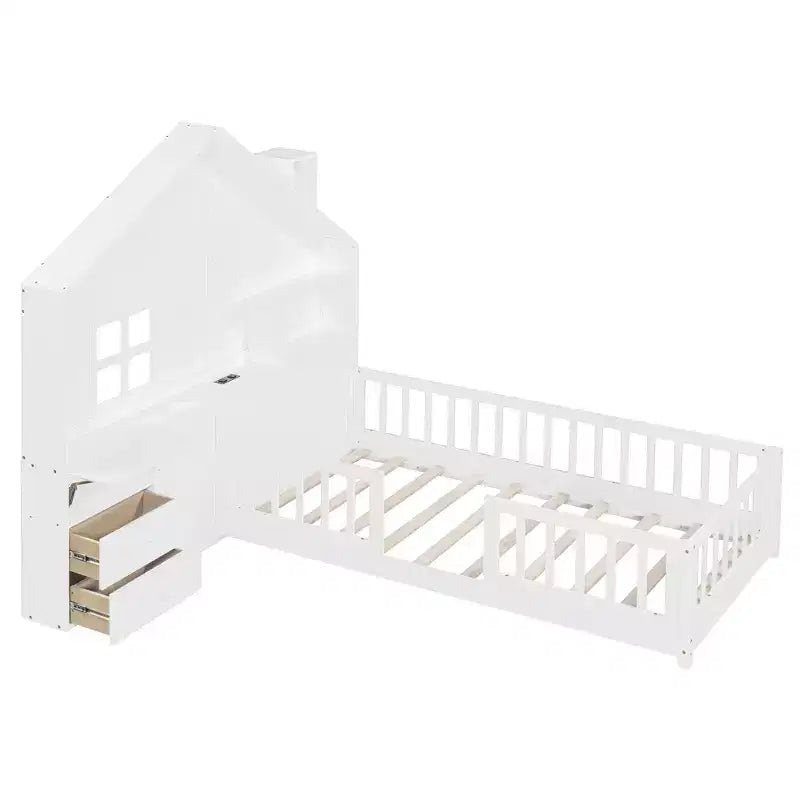 Letto a capanna singolo/una piazza e mezza con piattaforma e finestra, struttura letto con cassetti comodino, mensole, prese elettriche e porta USB, Bianco-ModernLuxe