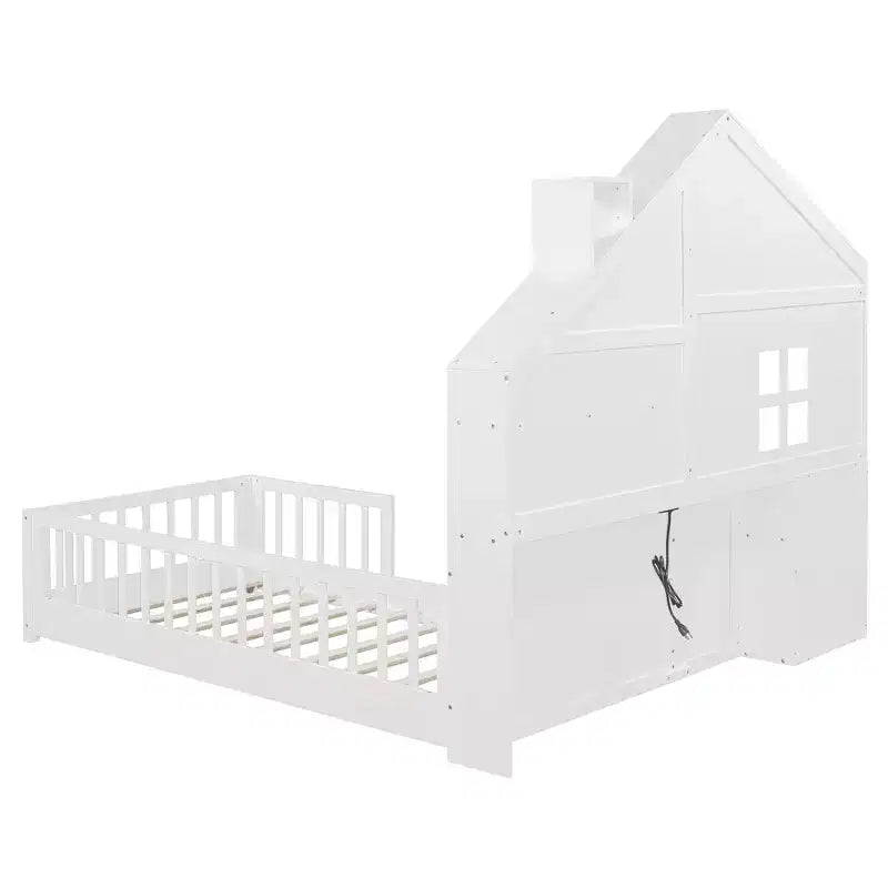 Letto a capanna singolo/una piazza e mezza con piattaforma e finestra, struttura letto con cassetti comodino, mensole, prese elettriche e porta USB, Bianco-ModernLuxe