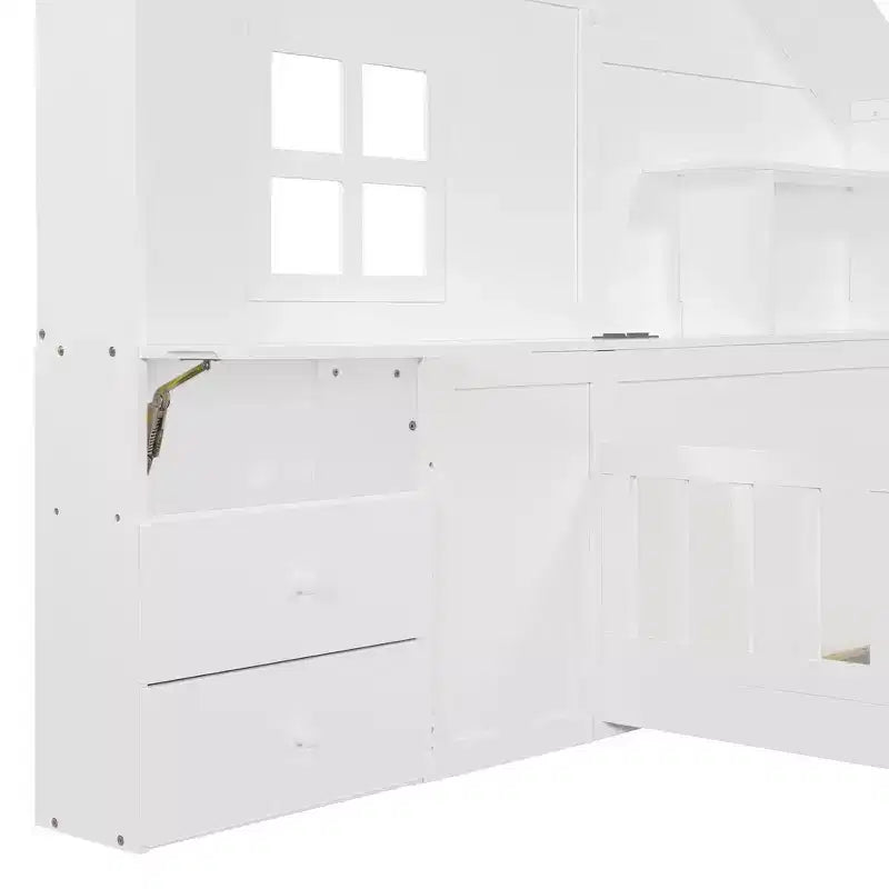 Letto a capanna singolo/una piazza e mezza con piattaforma e finestra, struttura letto con cassetti comodino, mensole, prese elettriche e porta USB, Bianco-ModernLuxe