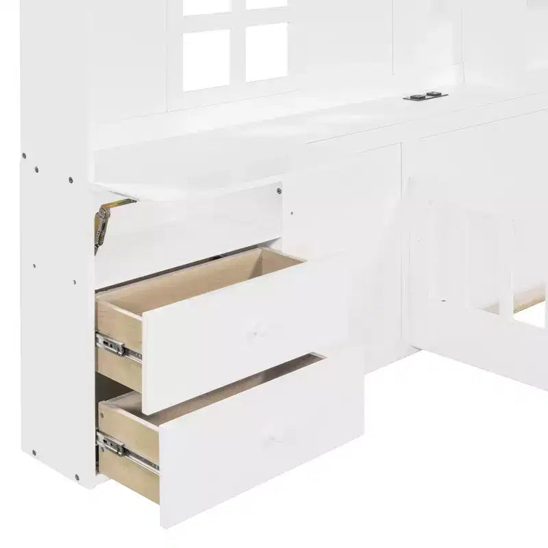 Letto a capanna singolo/una piazza e mezza con piattaforma e finestra, struttura letto con cassetti comodino, mensole, prese elettriche e porta USB, Bianco-ModernLuxe